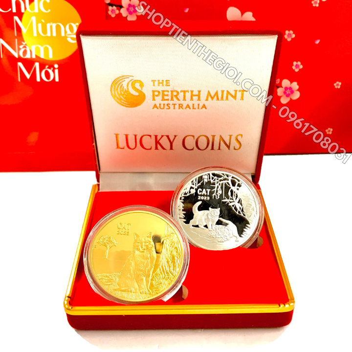 Cặp Xu Úc Hình Con Mèo Mạ Vàng Bạc tặng hộp nhung - SP005893